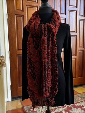 Polyester Rust And Black Ruffle Scarf Rectangle 78” X 12”